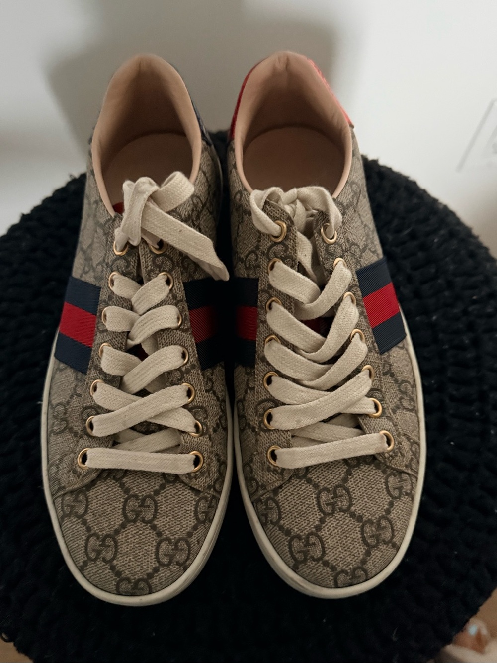 Gucci GG Supreme Canvas Sneakers with Red & Navy Stripe